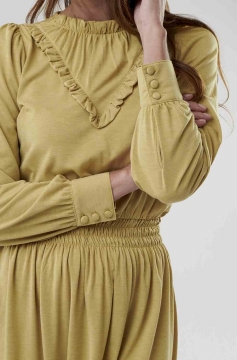 Womens yellow ruffle neck and trim modest dress