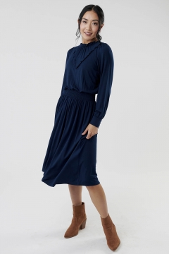 Womens blue ruffle neck and trim modest dress