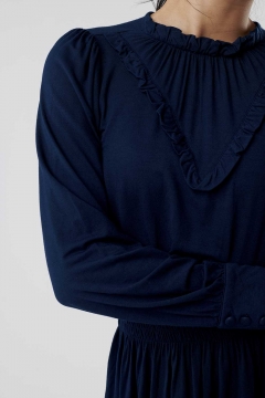 Womens blue ruffle neck and trim modest dress