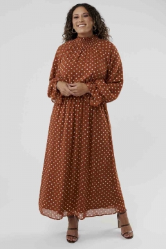 Womens brown smocking ruffle neck and sleeve modest dress