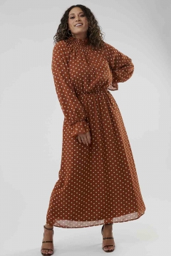Womens brown smocking ruffle neck and sleeve modest dress