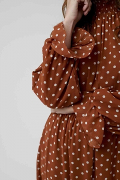 Womens brown smocking ruffle neck and sleeve modest dress