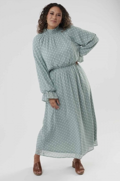 Womens green smocd sleeve modest dressking ruffle neck an