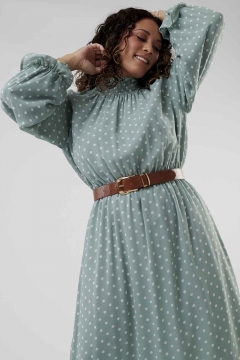 Womens green smocd sleeve modest dressking ruffle neck an