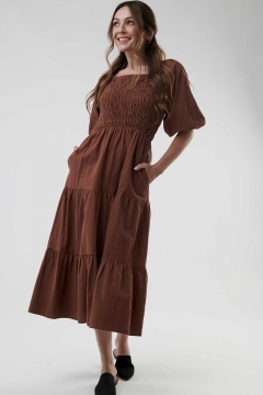 Womens brown smocking top tiered skirt modest dress