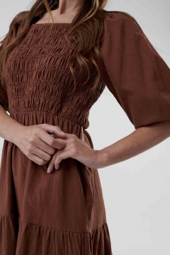 Womens brown smocking top tiered skirt modest dress