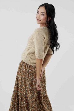 womens brown smocking waist tiered maxi skirt