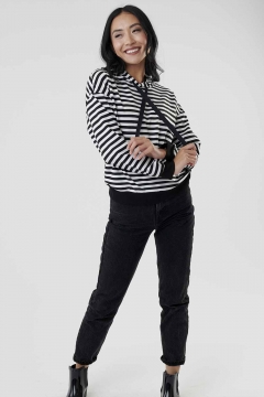 womens black and white striped pullover hoodie top