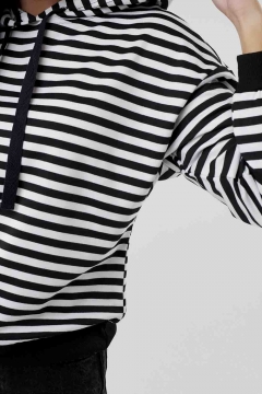 womens black and white striped pullover hoodie top