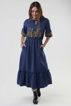 Womens blue tie neck embroidery modest dress