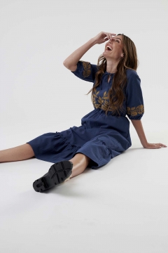 Womens blue tie neck embroidery modest dress