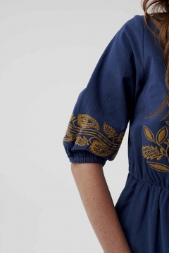 Womens blue tie neck embroidery modest dress