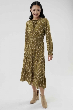 Womens green tie neck smocking waist modest dress