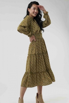Womens green tie neck smocking waist modest dress