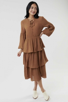 Women's brown tie neck tiered skirt modest dress