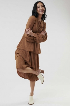 Women's brown tie neck tiered skirt modest dress