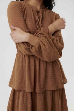 Women's brown tie neck tiered skirt modest dress