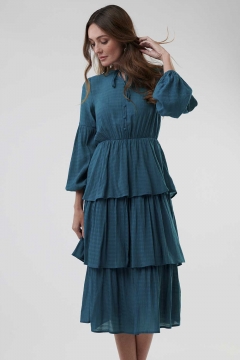 Womens teal tie neck tiered skirt modest dress