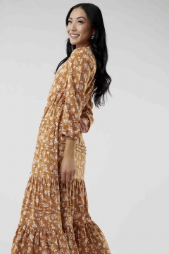 Womens orange v-neck drawstring waist modest dress