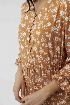 Womens orange v-neck drawstring waist modest dress