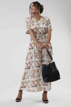 Womens white v neck ruffle half sleeve modest dress