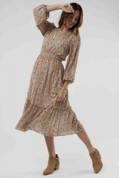 Womens orange and cream v-neck smocking waist modest dress
