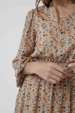Womens orange and cream v-neck smocking waist modest dress