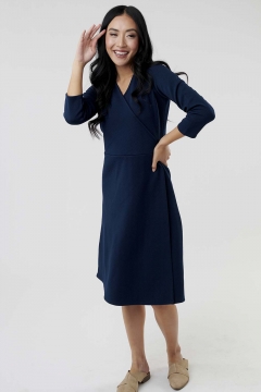 Womens blue wrap side zipper modest dress