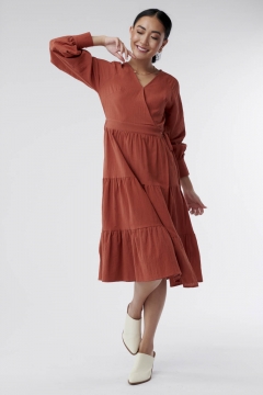 Cora - Dress Faux Wrap Raglan Sleeve Tiered Skirt