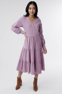 Cora - Dress Faux Wrap Raglan Sleeve Tiered Skirt