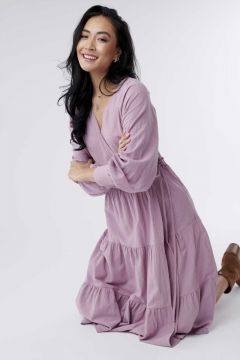 Cora - Dress Faux Wrap Raglan Sleeve Tiered Skirt