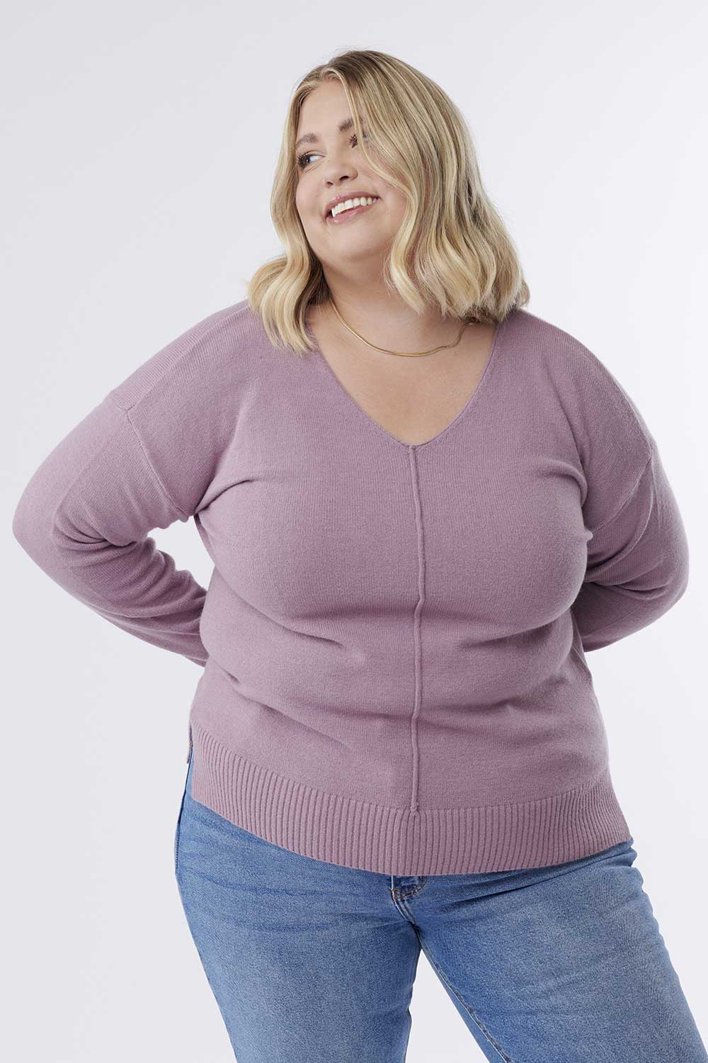 Top V Neck Sweater Long Sleeve Purple