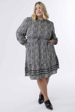 Sadie - Dress Keyhole Neck Velvet Trim Ruffle