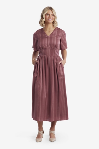 Womens mauve striped smocked back waist modest dress