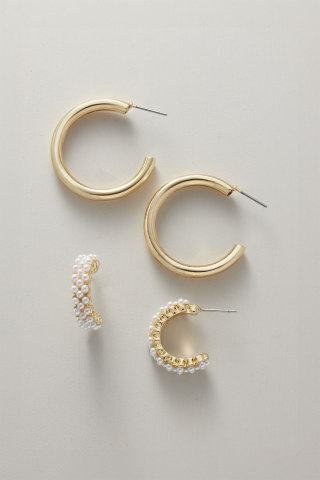 Earring Gold Hoop With Pearl Set Of 2