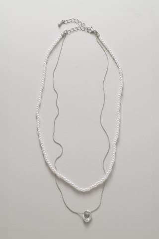 Necklace Silver Two Layer With Circle Pendant Pearls
