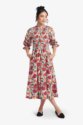 Women spurple floral smocked bodice modest dress