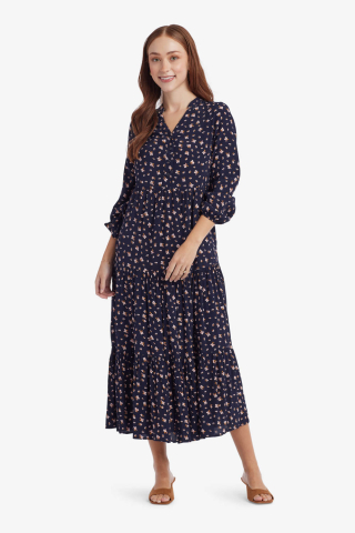 Womens blue floral tiered mandarin collar modest dress