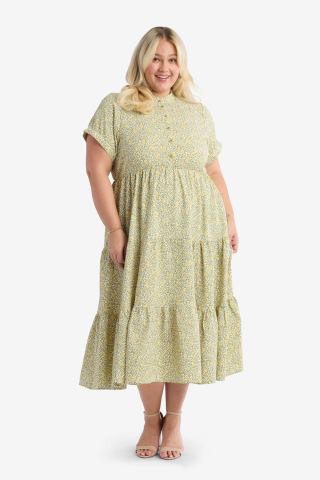 Short Puff Sleeve Yellow Floral Modest Dress
