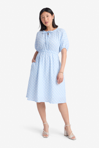 Elastic Waist Blue Modest Dress