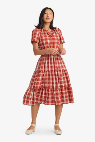 Smocked Waist Knee Length Rust Plaid Modest Dress