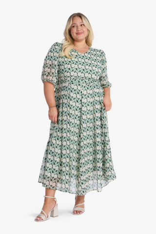 Green Floral  Modest Dress Midi Length