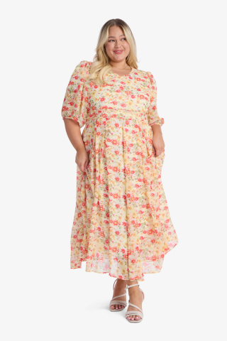 Yellow Floral  Modest Dress Midi Length