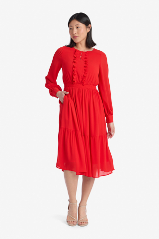 Puff Sleve Red Modest Dress