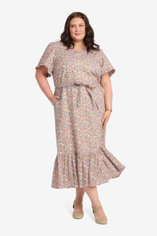 V Neck Contrast Stripe Multi Floral Modest Dress