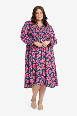 V Neck Smocked Navy Floral Modest Dress