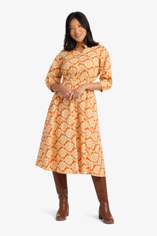 Ruffle Neck Pleated Waist Orange Floral Modest Dress