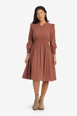 V Neck Smocked Hip Cinnamon Modest Dress