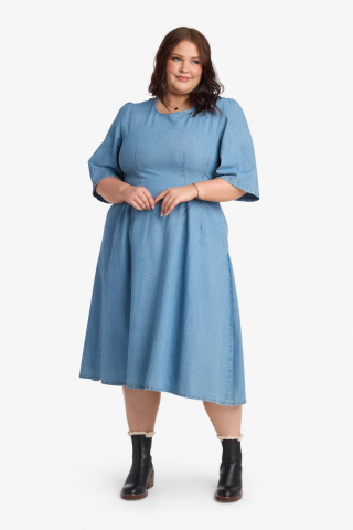 Waist Darts Knee Length Keyhole Dark Denim Modest Dress