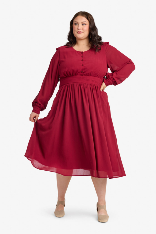 Gathered Waist Ruffle Button Top Pomegranate Modest Dress